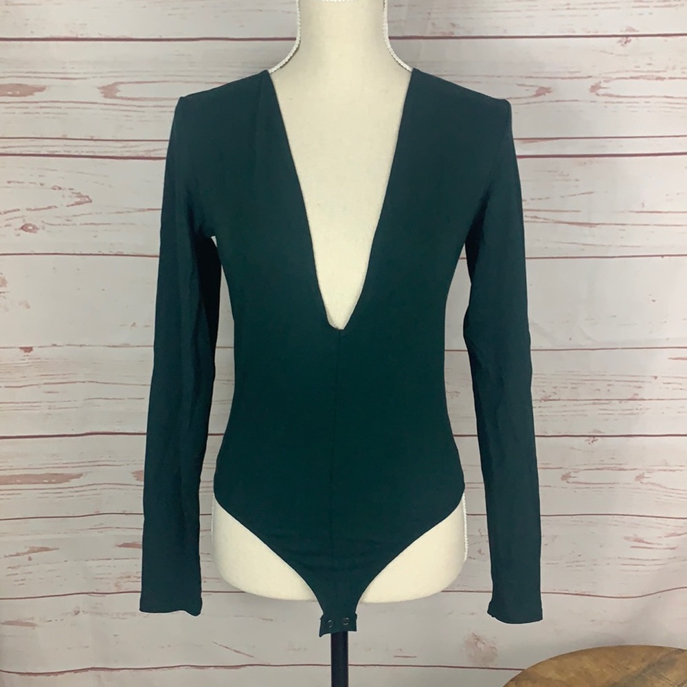 Express One Eleven Forest Green Deep V Bodysuit